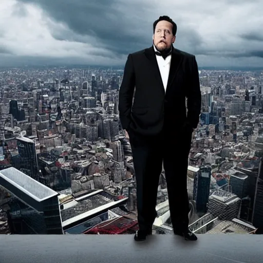 Prompt: Jon Favreau as clean-shaven Happy Hogan wearing a black suit and black necktie and black dress shoes is climbing a tall building in an urban city. The sky is filled with dark clouds and the mood is ominous.