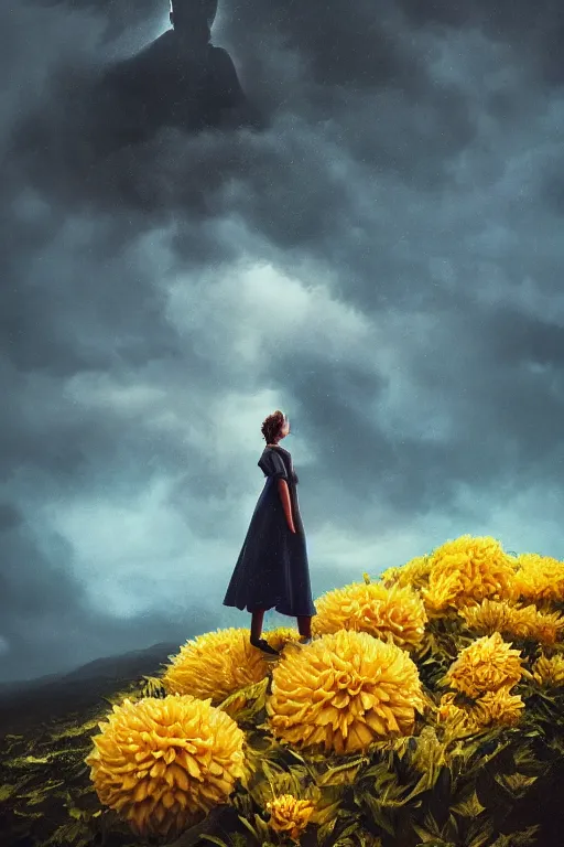 Image similar to closeup girl with huge yellow dahlia flower face, intricate, standing on mountain, surreal photography, blue storm clouds, dramatic light, impressionist painting, digital painting, artstation, simon stalenhag