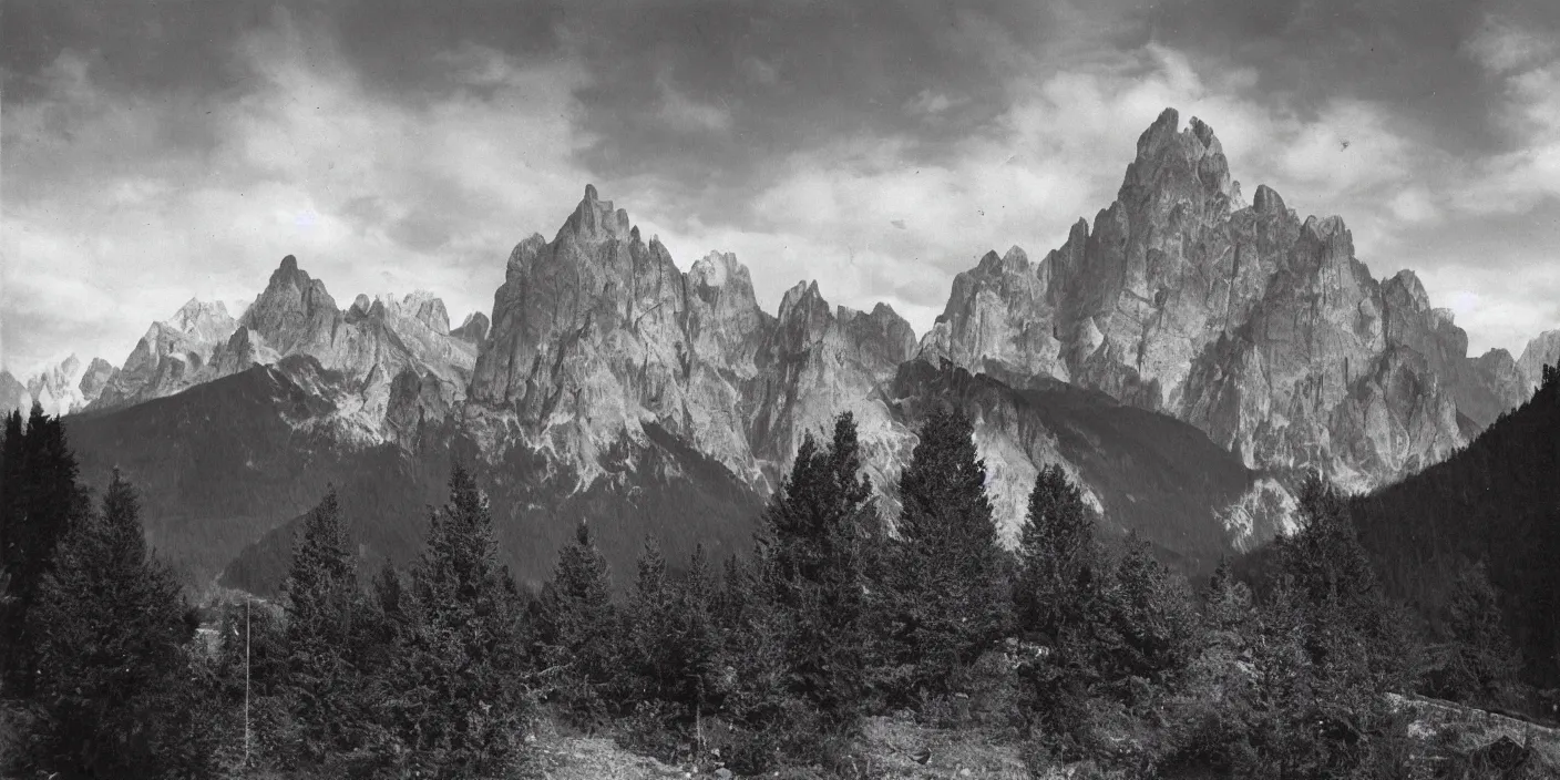 Prompt: dark tyrolean valley with dolomites in background photographed from the valley, 3 5 mm, dark, eerie, 1 9 2 0 s ghost photography