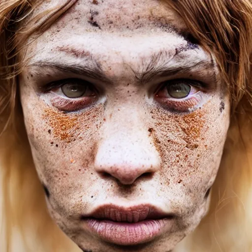 Image similar to minimalist photography portrait of a neanderthal woman, symmetrical, super close up, mid thirties, freckles, cute round slanted eyes, caucasian, wide nostrils, high cheekbones, high flat eyebrows, leica 1 0 0 mm f 0. 8