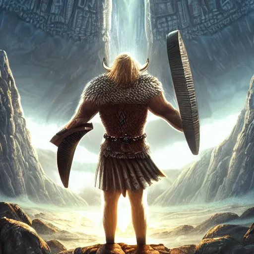 Image similar to an ultra detailed mighty viking standing portrait in front of a highly detailed landscape of a big and structured city inpired by valhalla, big and structured valhalla city, viking heaven, god rays, inspired by norse mythology, portal to outer space, 4k digital art, octane render, trending on artstation, digital art,