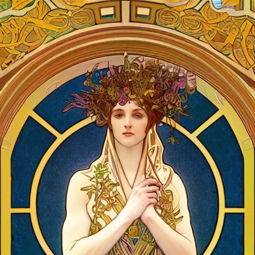 Image similar to a Portrait of A goddess in a church with a holy light emanating from her body by alphonse mucha and greg rutkowsk,In style of WLOP,digital art illustration.hyper detailed,smooth, sharp focus,trending on artstation,4k
