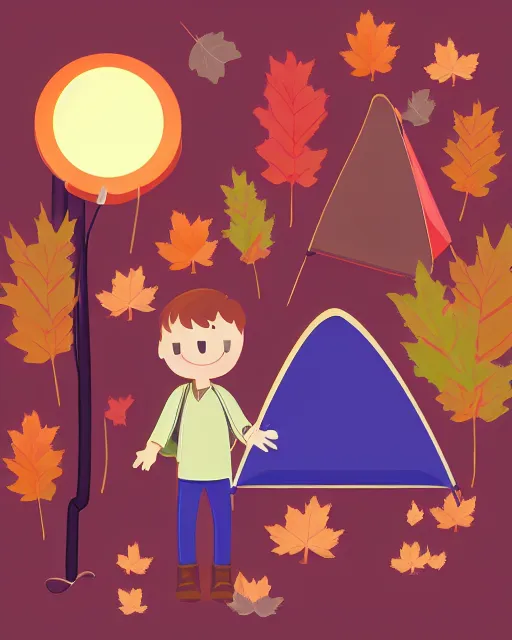 Image similar to autumn hillside boy with camping bag illustration light color