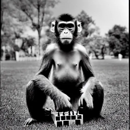 Image similar to black and white portrait photo of a monkey playing chess in a park by annie liebovitz,