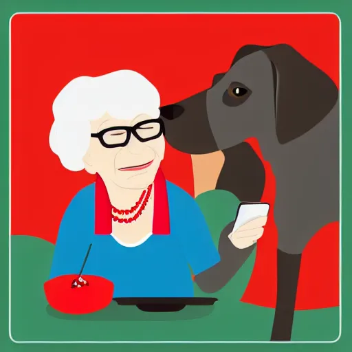 Image similar to a flat design illustration of a grandma with a dog. the grandma using a smart phone. the illustration using only solid colors, the colors are red, gray and white.