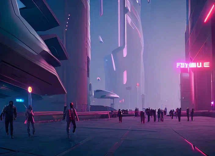 Image similar to futuristic colony, blade runner 2 0 4 9 city architecture, spacex starship rocket launch site, environmental lighting, stromy weather, ray tracing, people walking in street, amazing view, futuristic, highly detailed, heavy traffic, neon shops, octane render, unreal engine 5, 4 k