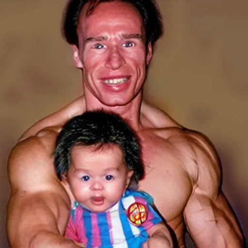 Image similar to a baby with the face of arnold scharzenegger