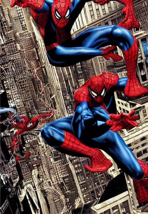 Image similar to spiderman fighting venom in a new york alley, comic book cover by lee bermejo and alex ross