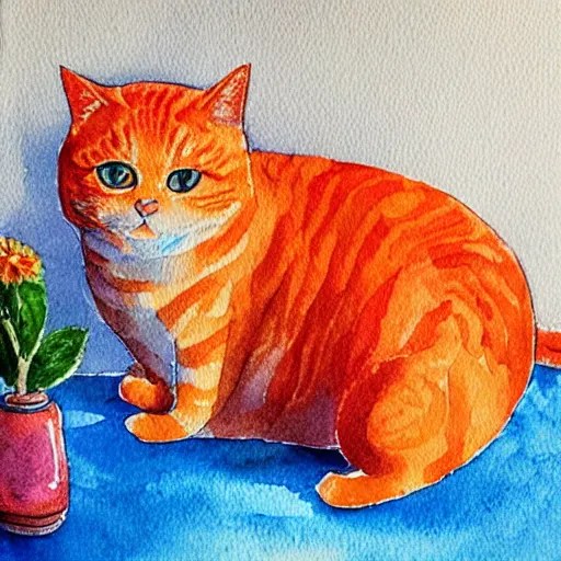 Image similar to A fat, cute orange cat in a beautiful room, cozy, watercolor on paper by ANNA LEA HUCHT, details, lights, beautiful