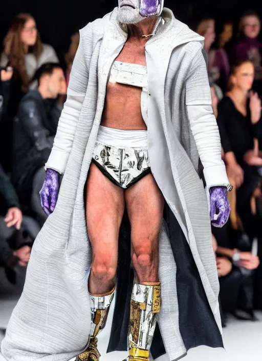 Image similar to hyperrealistic and heavy detailed off white avant garde runway show of thanos ( marvel comics ), leica sl 2 5 0 mm, vivid color, high quality, high textured, real life