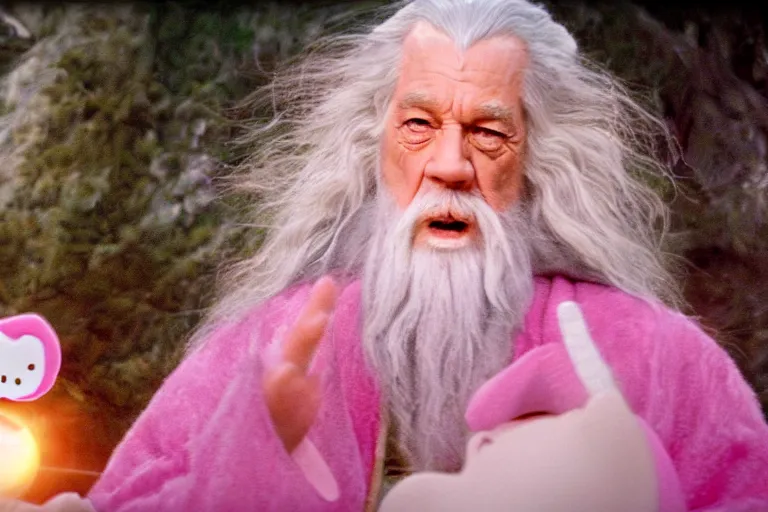 Image similar to portrait of Gandalf wearing pink Hello kitty costume, smiling warmly, sunrise, movie still from Lord of the Rings, cinematic