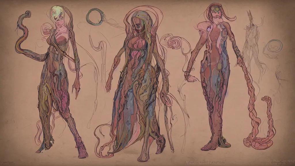 Prompt: aged paper, concept art, colorful character sheet for a stocky alien extraterrestrial female servant maid with thick snake - like tentacles instead of hair, long dress with apron, retrofuture, valerian, moebius, coherent, illustration, digital art, trending on artstation, hd, 8 k, good lighting, beautiful, rough paper, masterpiece