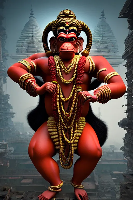 Image similar to high quality 3 d render post - rococo cyberpunk hanuman! head shri ram centre, madhubani, highly detailed, morning in sci - fi new delhi, cinematic smooth unreal engine, lee madgwick & liam wong, dramatic light, long shot, low angle, uhd 8 k, sharp focus