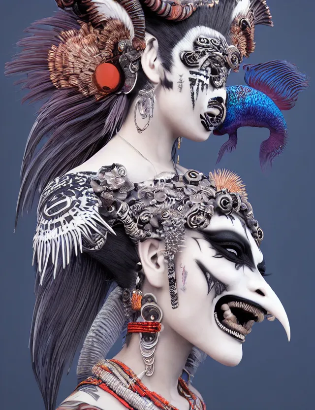 Image similar to 3 d goddess close - up profile portrait punk with mohawk with ram skull. beautiful intricately detailed japanese crow kitsune mask and clasical japanese kimono. betta fish, jellyfish phoenix, bio luminescent, plasma, ice, water, wind, creature, artwork by tooth wu and wlop and beeple and greg rutkowski