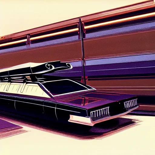 Prompt: concept art for a station wagon covered in mounted guns, painted by syd mead, high quality