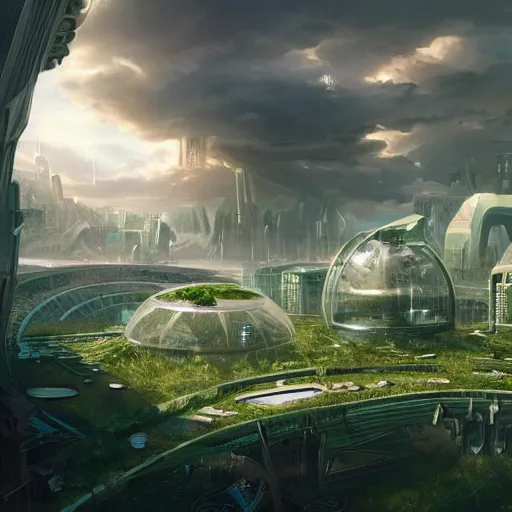 Prompt: futuristic green environment city enclosed within a glass dome on an apocalyptic wasteland planet, zoomed out view, cinematic view, epic sky, detailed, concept art, high detail, warm lighting, volumetric, retracing, 4 k, vivid, beautiful, trending on artstation, by jordan grimmer, huge scene, grass, art greg rutkowski