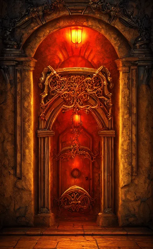 Prompt: a ornamental gate into hell, ornament, intarsia, portal, doorway, dynamic lighting, ambient lighting, atmospherical, photorealistic fantasy concept art, trending on art station, stunning visuals, creative, cinematic, ultra detailed