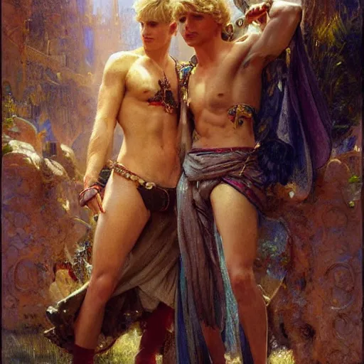 Image similar to attractive male, arthur pendragon who has blond hair confesses his love to attractive male, merlin who has dark hair. highly detailed painting by gaston bussiere, craig mullins, j. c. leyendecker 8 k