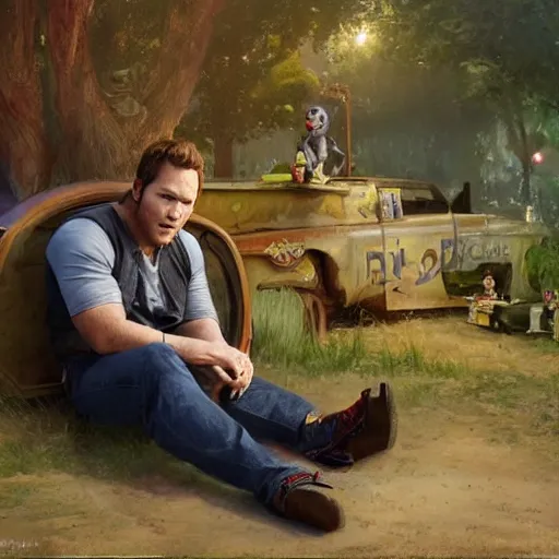 Image similar to the actor chris pratt sitting beside the doll chucky, disney land as backdrop, oil painting, by greg rutkowski