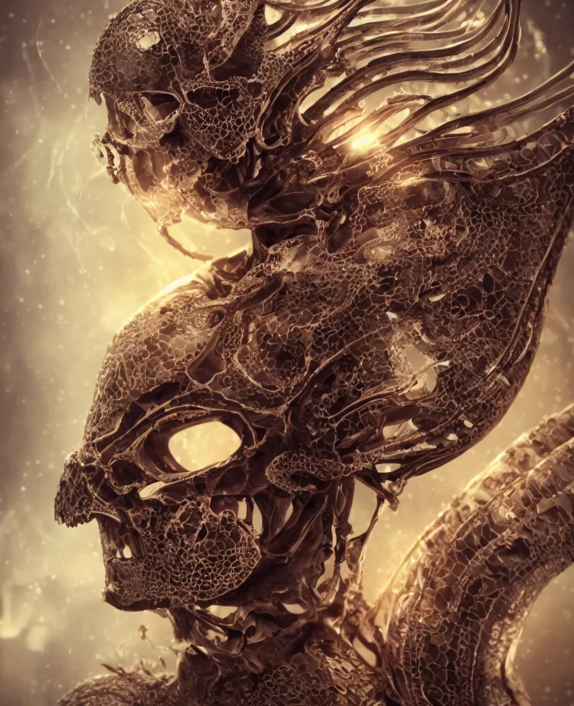 Image similar to close-up macro portrait of the face of a beautiful princess with animal skull mask, epic angle and pose, ribcage bones symmetrical artwork, 3d with depth of field, blurred background, cybernetic jellyfish female face skull phoenix bird, translucent, nautilus, energy flows of water and fire. a highly detailed epic cinematic concept art CG render. made in Maya, Blender and Photoshop, octane render, excellent composition, cinematic dystopian brutalist atmosphere, dynamic dramatic cinematic lighting, aesthetic, very inspirational, arthouse. y Greg Rutkowski, Ilya Kuvshinov, WLOP, Stanley Artgerm Lau, Ruan Jia and Fenghua Zhong