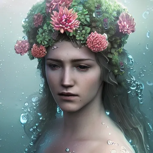 Prompt: ultra realistic 3 d render of a goddess made of water and flowers rising out of the water dripping by charlie bowater, beautiful, bioluminescent, ethereal, mist, waterfall