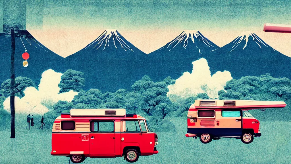 Image similar to japan various natural splendor and rural camper touring, a representational non - abstract collage painting, in the style of wes anderson, lola dupre, david hockney, isolated on negative space background bright monochrome spraypaint accents volumetric octane render