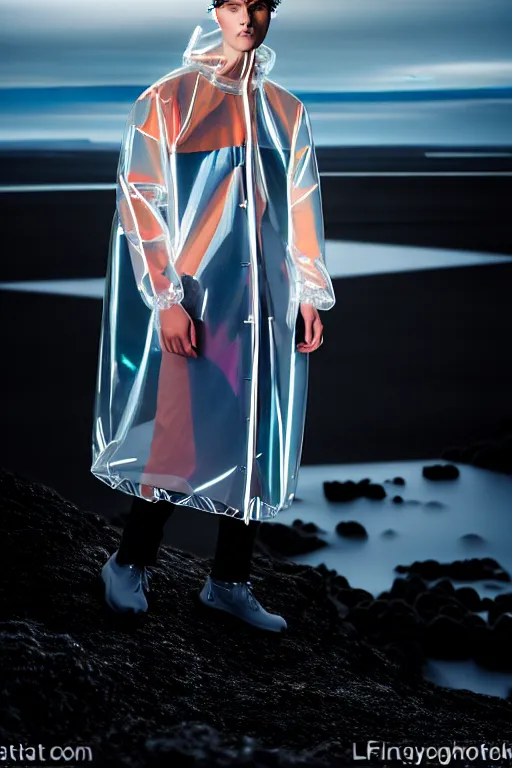 Image similar to an ultra high definition professional high fashion portrait studio full length photograph of a male model wearing a transparent pearlescent raincoat and neon visor in an icelandic black rock environment at dawn. no artefacts. extremely detailed. stark. refraction. shallow depth of field. volumetric light and shadow. ray tracing. light rays.