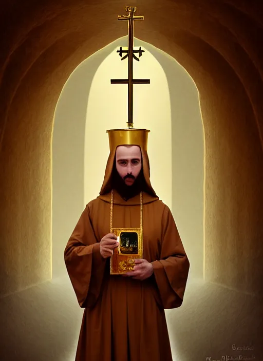 Prompt: surrealistic portrait of cute fluffy anthropomorphic caracal as orthodox priest in golden clothes, caracal head, wearing vr, in orthodox church at background, dynamic lighting, darkness, ambients, dramatic, foggy, heavy bokeh and blur, cinematic, depth of field, art by bussiere rutkowski andreas rocha