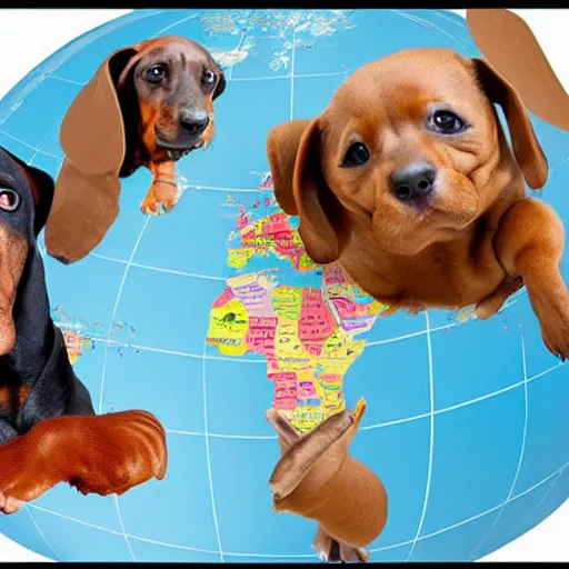 Image similar to the world is happy for you, large scale photo, globe is surrounded by dachshunds