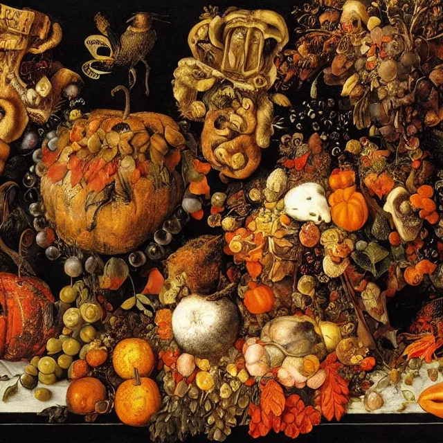 Prompt: thanksgiving supper, black background, still life by giuseppe arcimboldo, vanitas, intricate high detail masterpiece