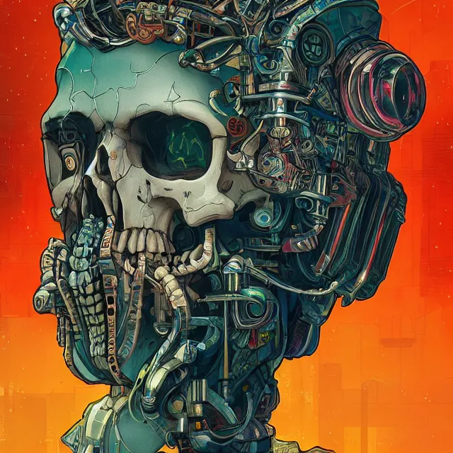 Image similar to a beautiful painting of a ( ( cyberpunk ) ) skull by simon stalenhag and pascal blanche and alphonse mucha! and nekro!. in style of digital art. colorful comic, film noirs!, symmetry, hyper detailed. octane render. trending on artstation