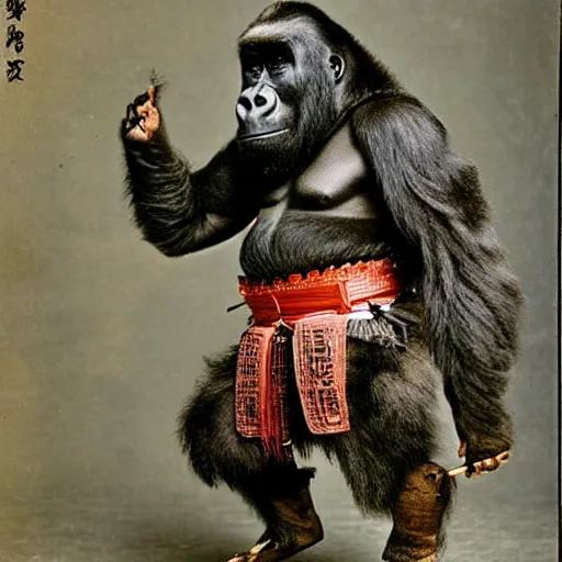 Image similar to “gorilla in full samurai armour, 1900’s photo”