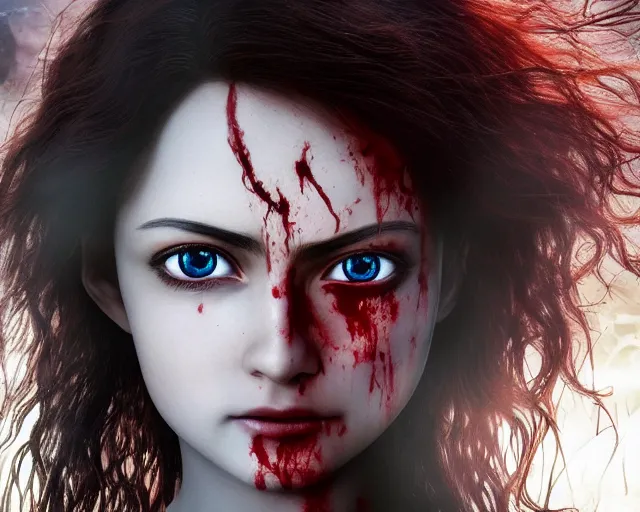 Prompt: award winning 5 5 mm close up face portrait photo of an anesthetic and beautiful redhead alita battle angel who looks directly at the camera with blood - red wavy hair, intricate eyes that look like gems, and long fangs, in a park by luis royo. rule of thirds.