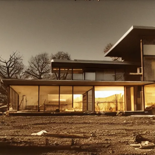 Prompt: photograph of a midcentury modern house in an apocalyptic wasteland, dramatic lighting, realistic, extremely detailed, 3 5 mm