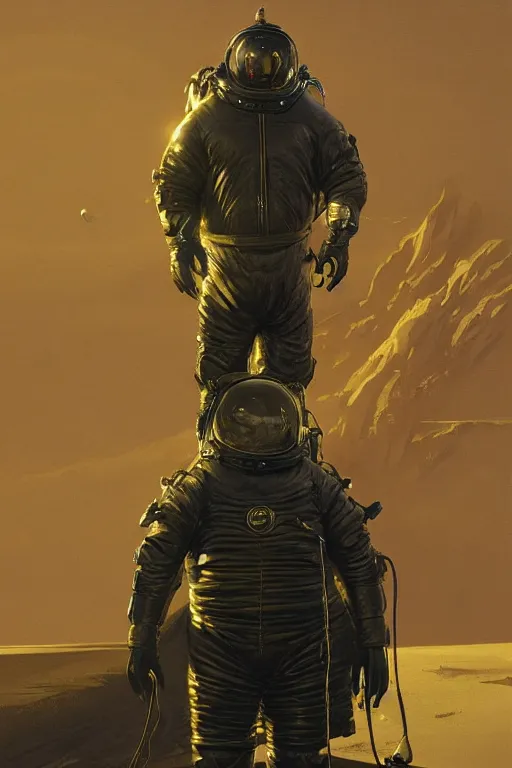 Image similar to baron harkonnen wearing leather spacesuit, detailed, sand worm in the distance, illustration by normal rockwell, artstation character art, greg rutkowski