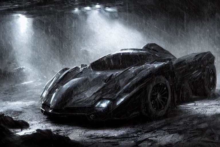 Image similar to the batmobile standing in a very dark and wet cave. highly detailed. intricate. mist. atmospheric. octane render. rim light. photoreal. 8 k. monochrome. cinematic. matte painting imagined by craig mullins and greg rutkowski. concept art, trending on artstation.