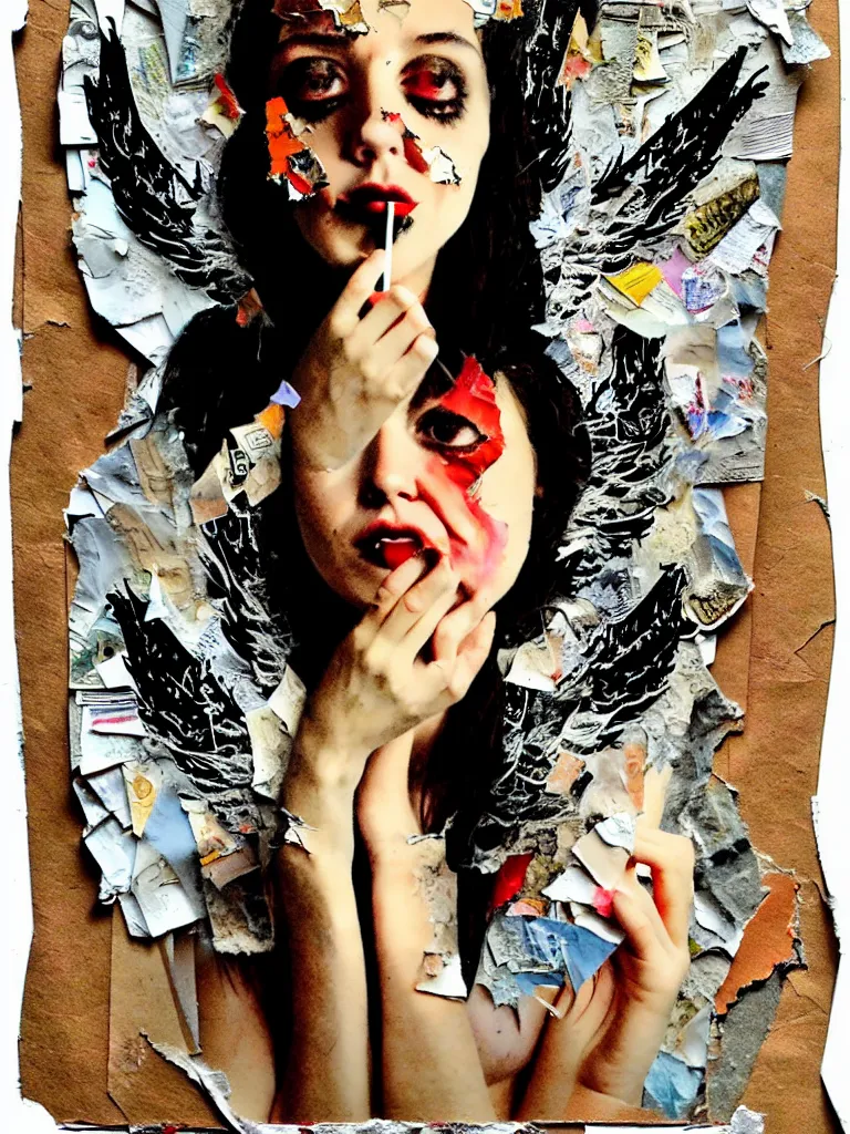 Prompt: a young adult angelgirl smoking a cigarette and ratty feathered angel wings, stressed and burnt out, collage effect, collaged, torn paper, torn paper collage, overexposure, overexposed, high exposure