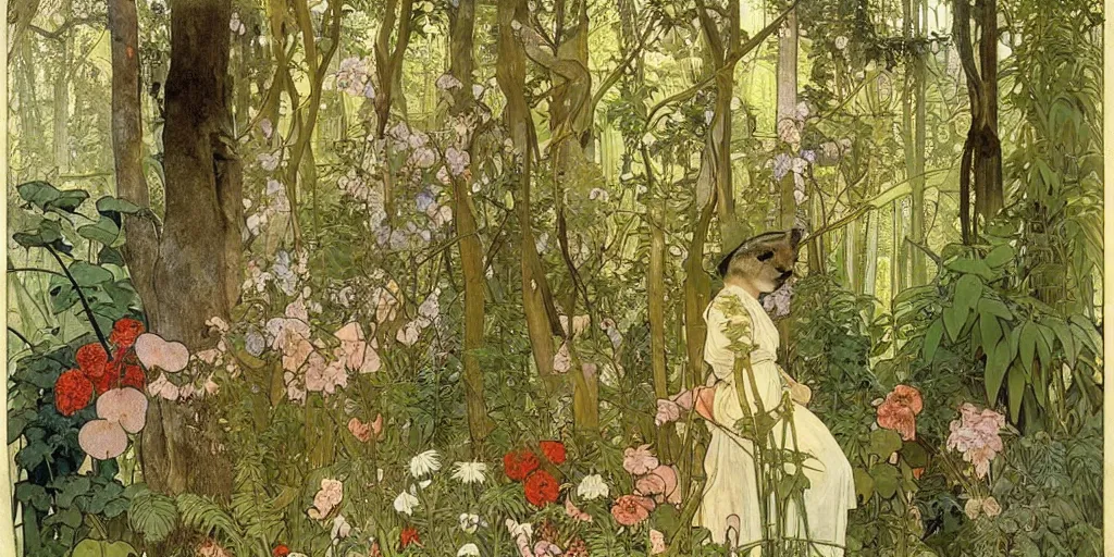 Image similar to a beautiful painting of wild animals in the woods with vines and ferns and flowers, painted by carl larsson and alphonse mucha