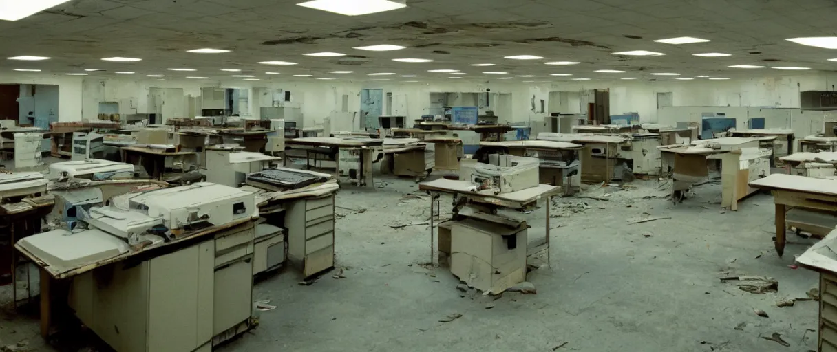 Prompt: movie still 4 k uhd 3 5 mm film color photograph of an abandoned computer laboratory full of cold war era computers