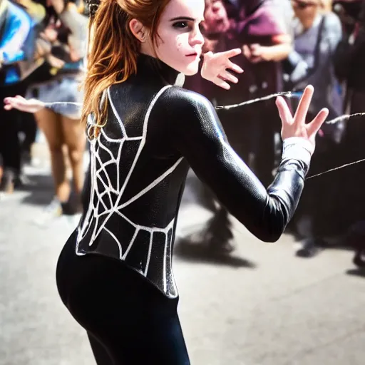 Image similar to Photo of Emma Watson cosplaying as spidergwen and doing a peace symbol with her hand. High quality DSLR photoshoot.