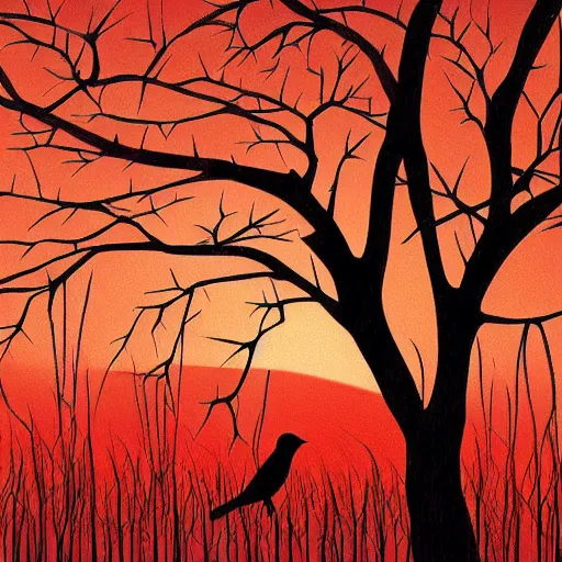 Prompt: birds on cherry tree, Changelingcore, serene, graceful, sunset photo at golden hour, Kodachrome, digital painting