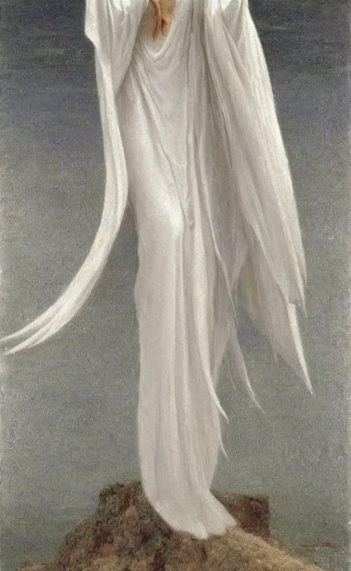 Image similar to say who is this with silver hair so pale and wan! and thin? female angel in white robes flowing hair body, white dress!! of silver hair, covered!!, clothed!! lucien levy - dhurmer, fernand keller, oil on canvas, 1 8 9 6, 4 k resolution, aesthetic, mystery