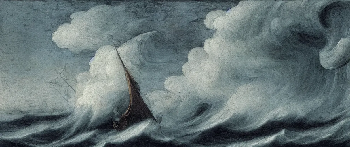 Prompt: sailboat on giant wave, sea monster lurking inside wave, Leonardo DaVinci style