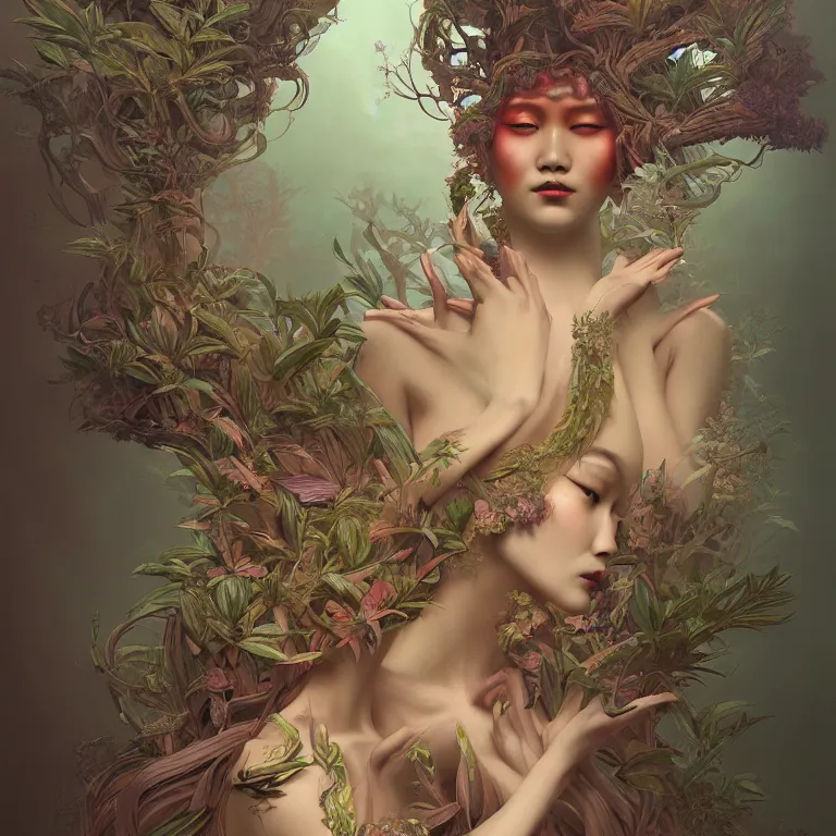 Prompt: breathtaking detailed concept art painting art deco portrait of a gaea goddess amalgamation plants, by hsiao - ron cheng, bizarre compositions, exquisite detail, extremely moody lighting, 8 k