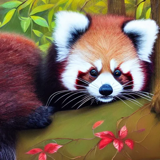 Image similar to cute fluffy baby red panda sitting in forest, detailed painting 4k in the style of mark brooks