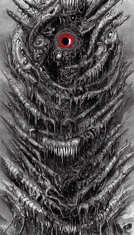 Image similar to a storm vortex made of many demonic eyes and teeth, by james gurney