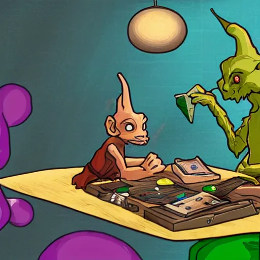 Prompt: a goblin and a kobold playing Dungeons&Dragons with colorful dice, handbooks, pencil and paper, studio Ghibli style