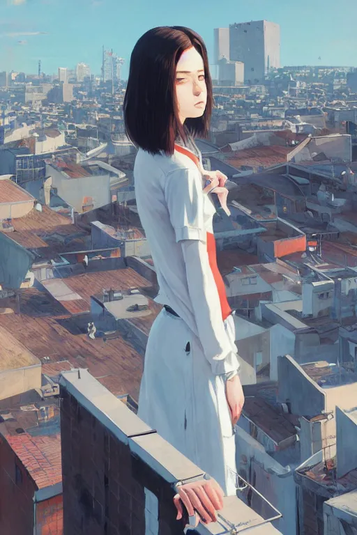 Prompt: A ultradetailed beautiful panting of a stylish girl standing on a rooftop, she is wearing streetwear, by Ilya Kuvshinov, Greg Rutkowski and Makoto Shinkai