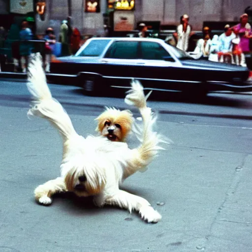 Prompt: “cream colored havanese dog break dancing in New York, 1988, 25mm Kodachrome photography”