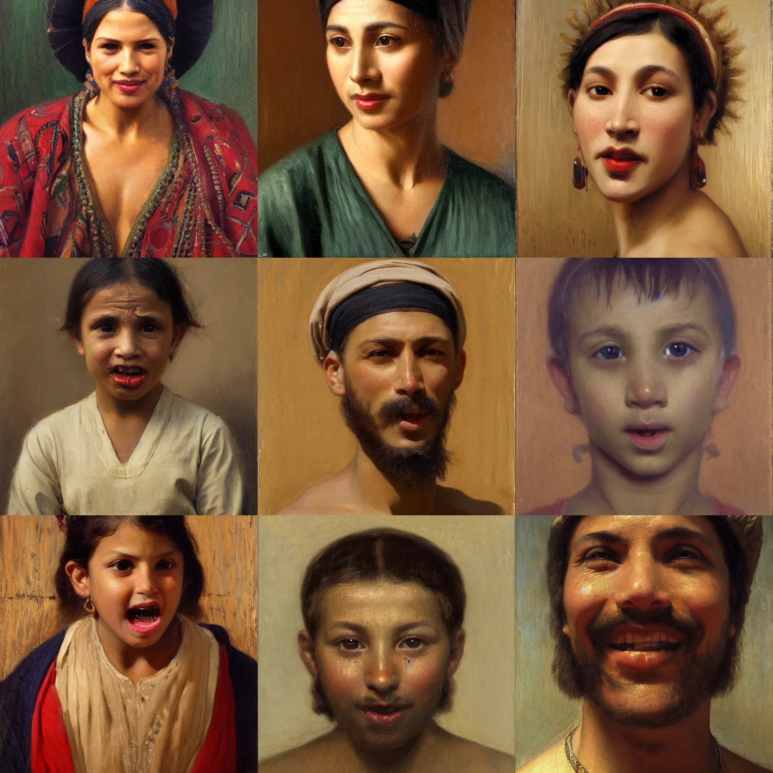 Prompt: orientalism face portrait front teeth by Edwin Longsden Long and Theodore Ralli and Nasreddine Dinet and Adam Styka, masterful intricate artwork. Oil on canvas, excellent lighting, high detail 8k